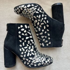 Bywin Black Suede Block Heel Ankle Booties Mirror Like Accents Women US 6.5  Zip